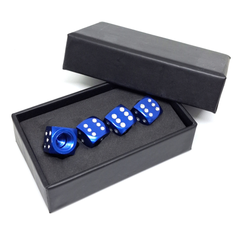 Dobbelsteen ventieldopjes blauw in cadeau-verpakking.