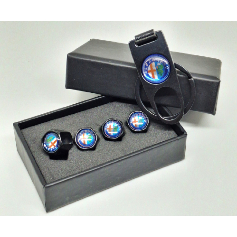 Ventieldopjes Alfa Romeo + sleutelhanger in cadeau-verpakking.