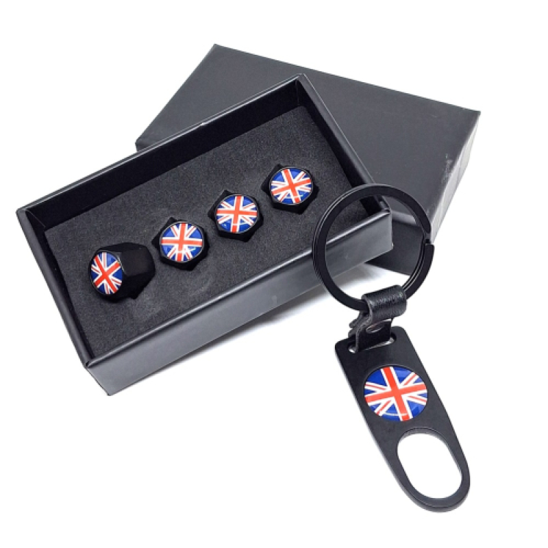 Union Jack ventieldopjes + sleutelhanger voor Mini Cooper liefhebber