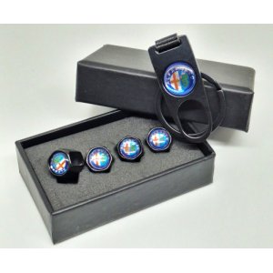 Ventieldopjes Alfa Romeo + sleutelhanger in cadeau-verpakking.