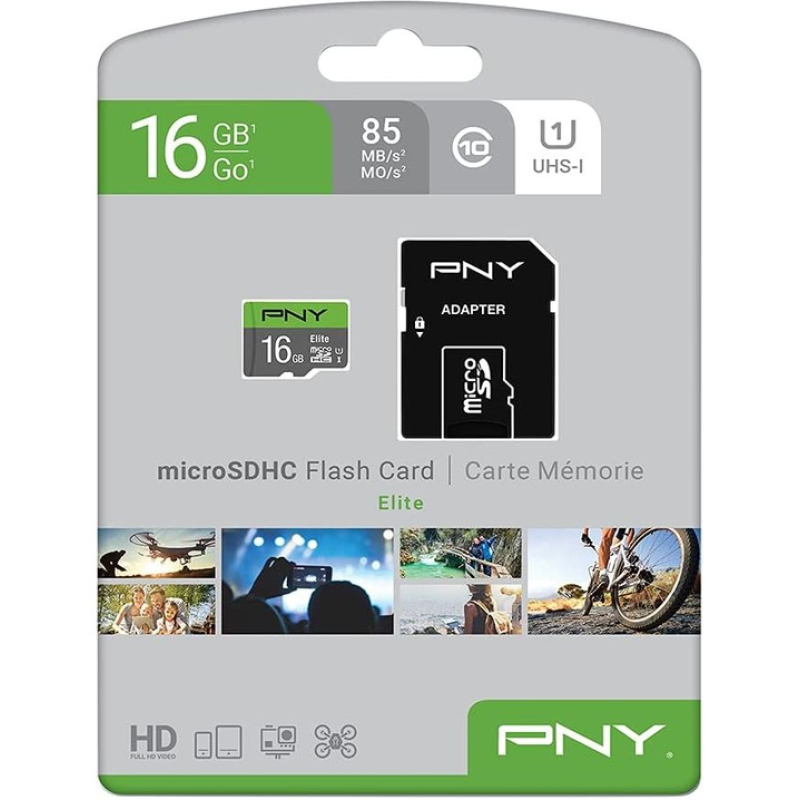 PNY 16GB Elite C10 U1 microSDHC Flash Geheugenkaart met Adapter