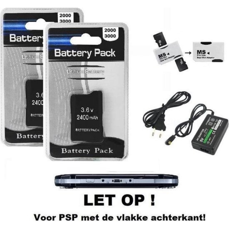 PSP 2000 / 3000 STARTSET   2x batterij + oplader + kaart adapter